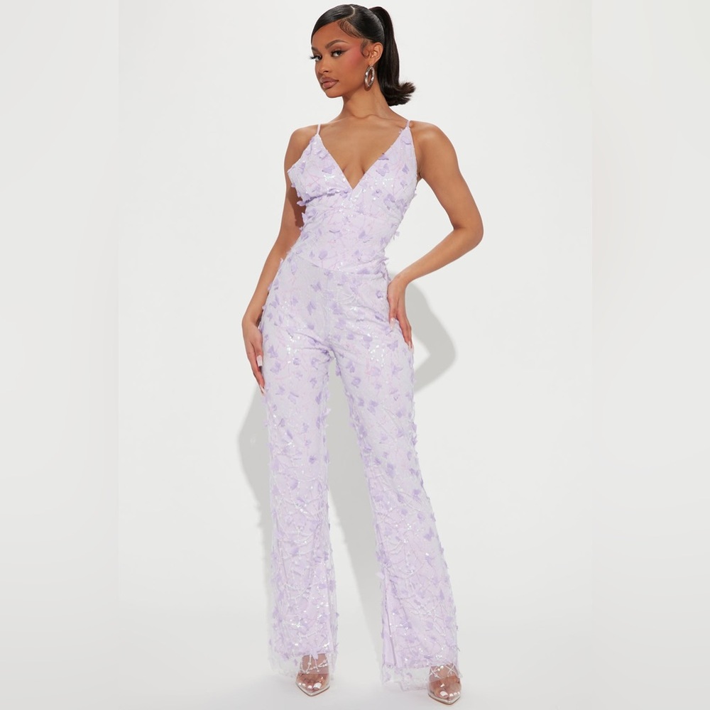 Fashion Nova Lavender Butterfly Sequin Jumpsuit